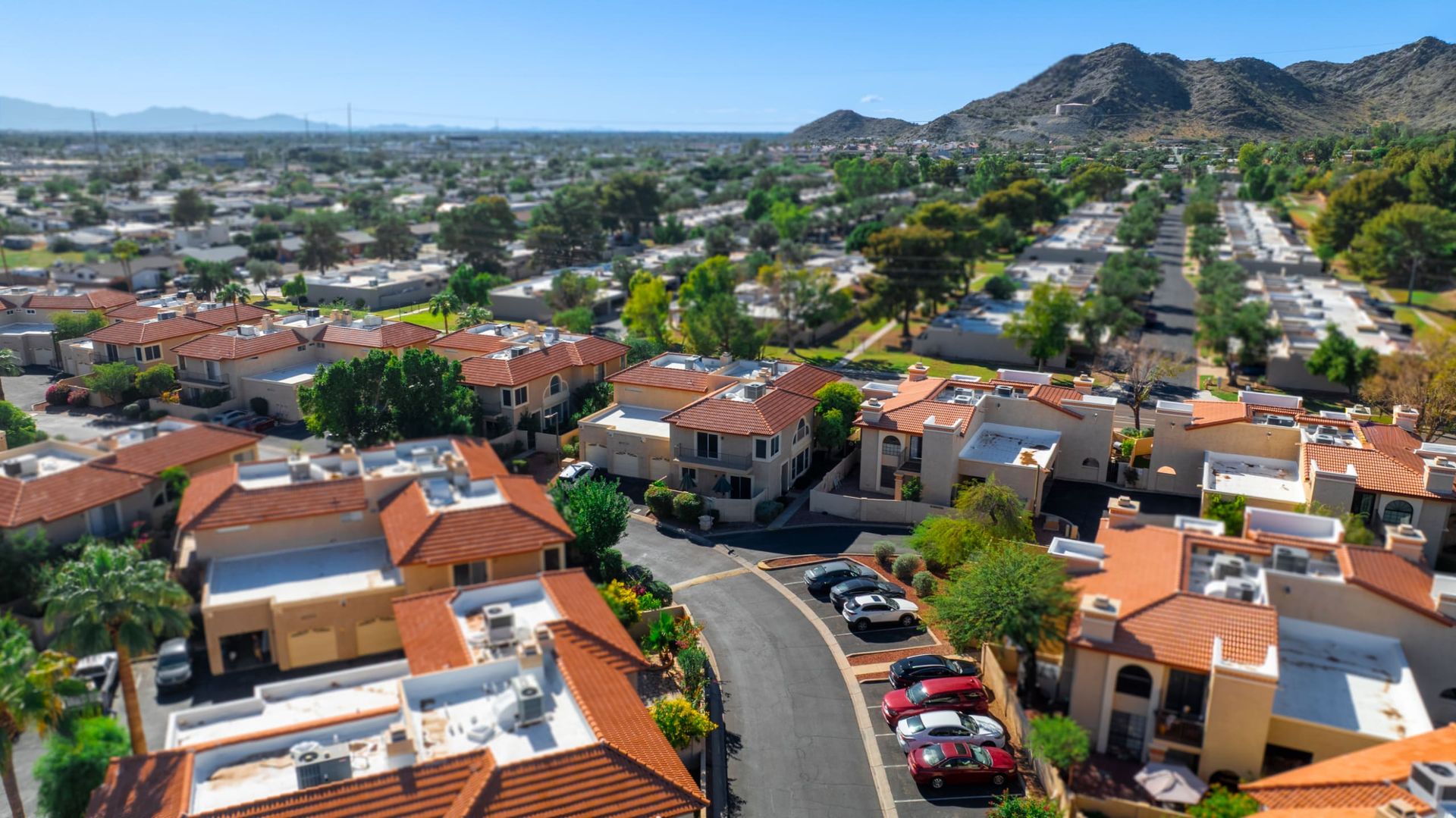 Rooftops and streets of the community from above